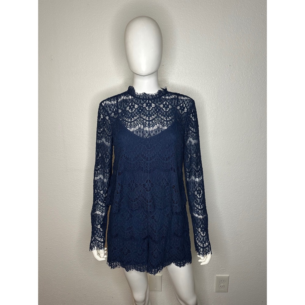 Saylor Navy Blue Lace Long Sleeve Mock Neck Romper